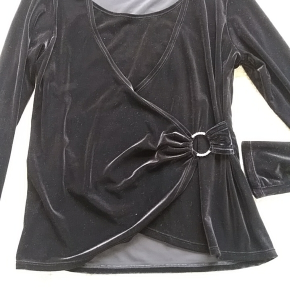 Elementz Faux Wrap Faux Rhinestone Velour Top S Black - Picture 3 of 9